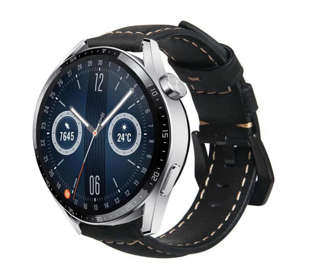 Leather Strap, black, on a watch, 3/4 front view
