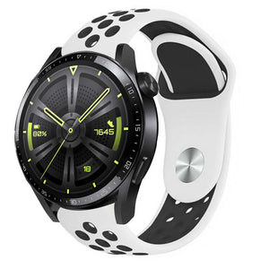 Silicone Sport Strap, white/black, on a watch, 3/4 front view