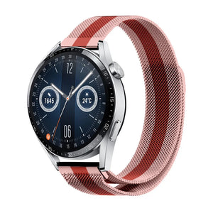 Milanese Strap, red/pink, on a watch, 3/4 front view