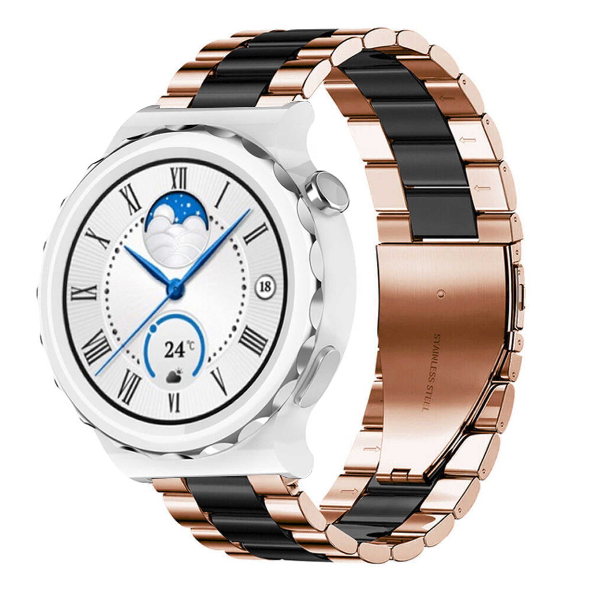 Steel Strap, rose gold/black, on a watch, 3/4 front view
