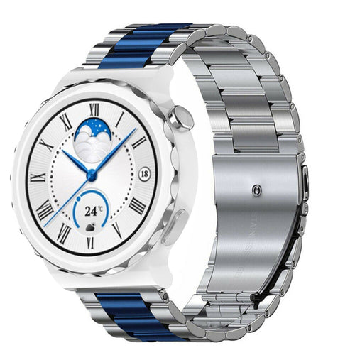 Steel Strap, silver/blue, on a watch, 3/4 front view