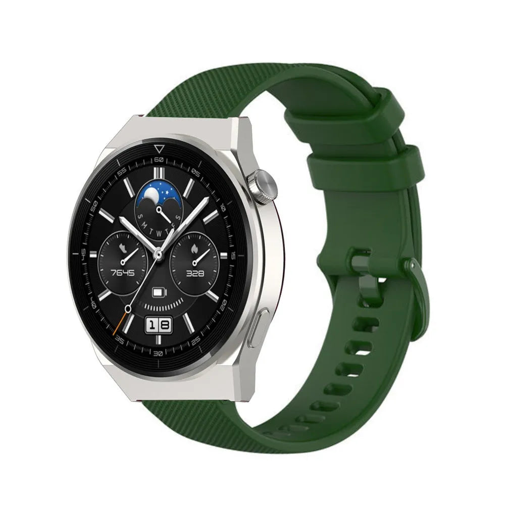 Premium Silicone Strap, army green, on a watch, 3/4 front view