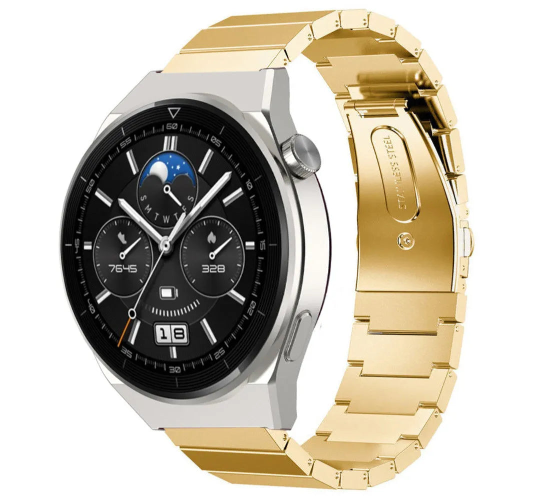 Premium Metal Strap, gold, on a watch, 3/4 front view