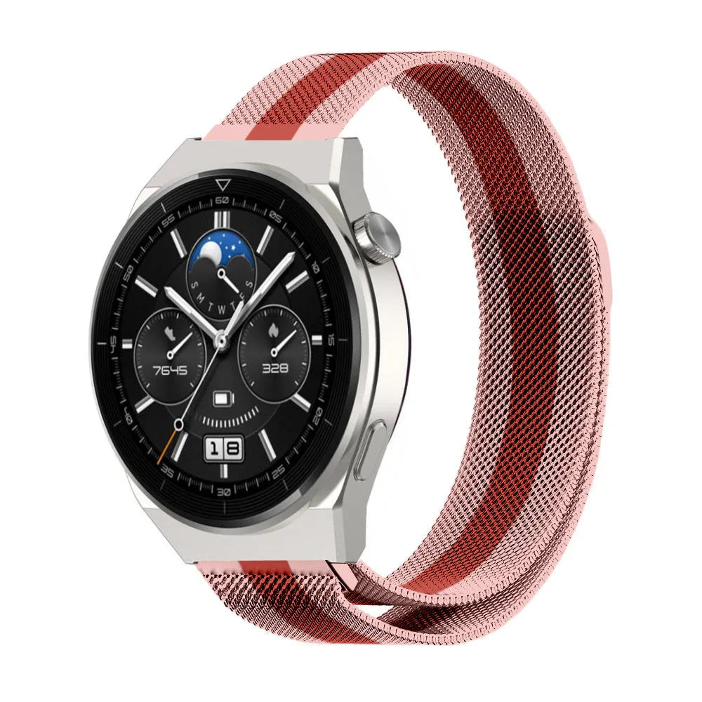 Milanese Strap, red/pink, on a watch, 3/4 front view