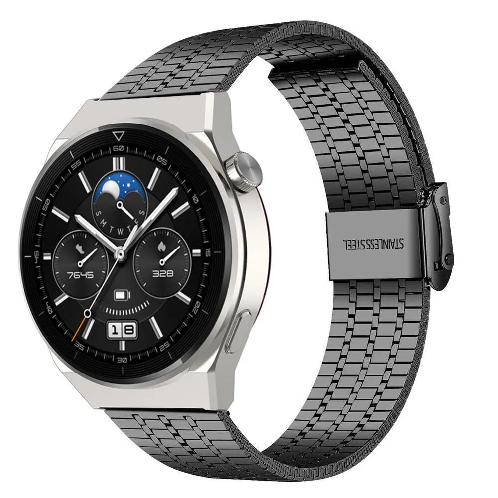 Fine Steel Strap, black, on a watch, 3/4 front view