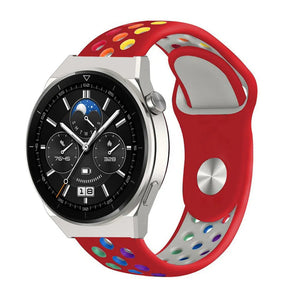 Silicone Sport Strap, red/colourful, on a watch, 3/4 front view