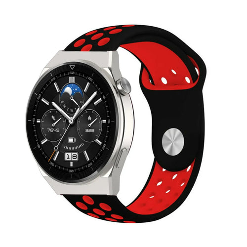 Silicone Sport Strap, black/red, on a watch, 3/4 front view