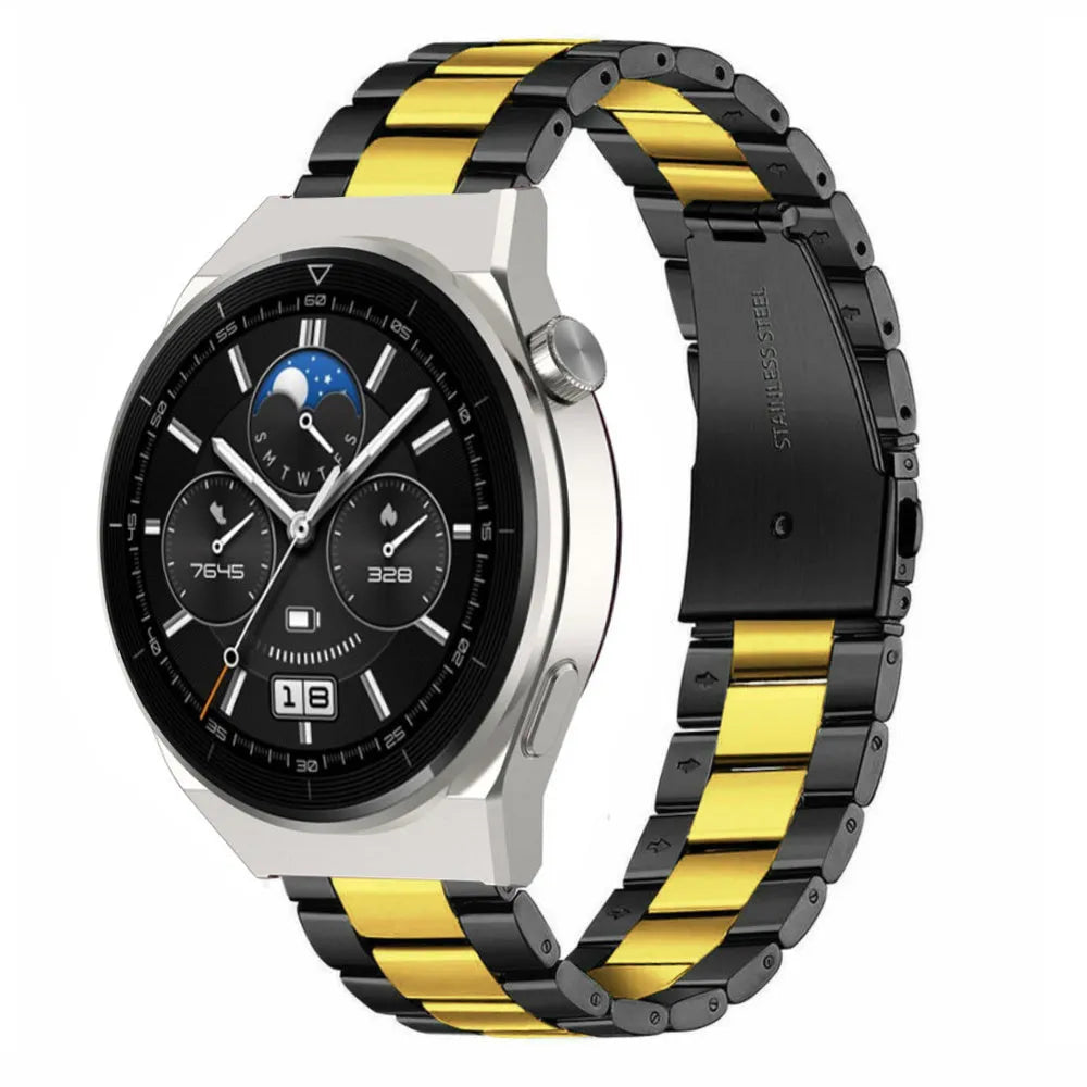 Steel Strap, black/gold, on a watch, 3/4 front view