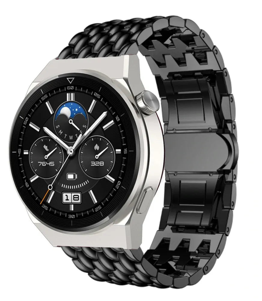 Steel Dragon Strap, black, on a watch, 3/4 front view