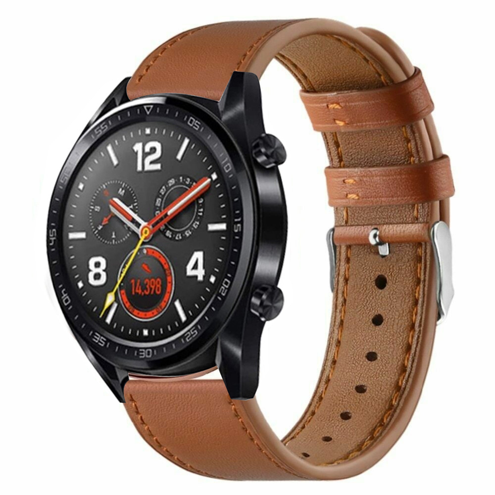 Modern Leather Strap, brown, on a watch, 3/4 front view