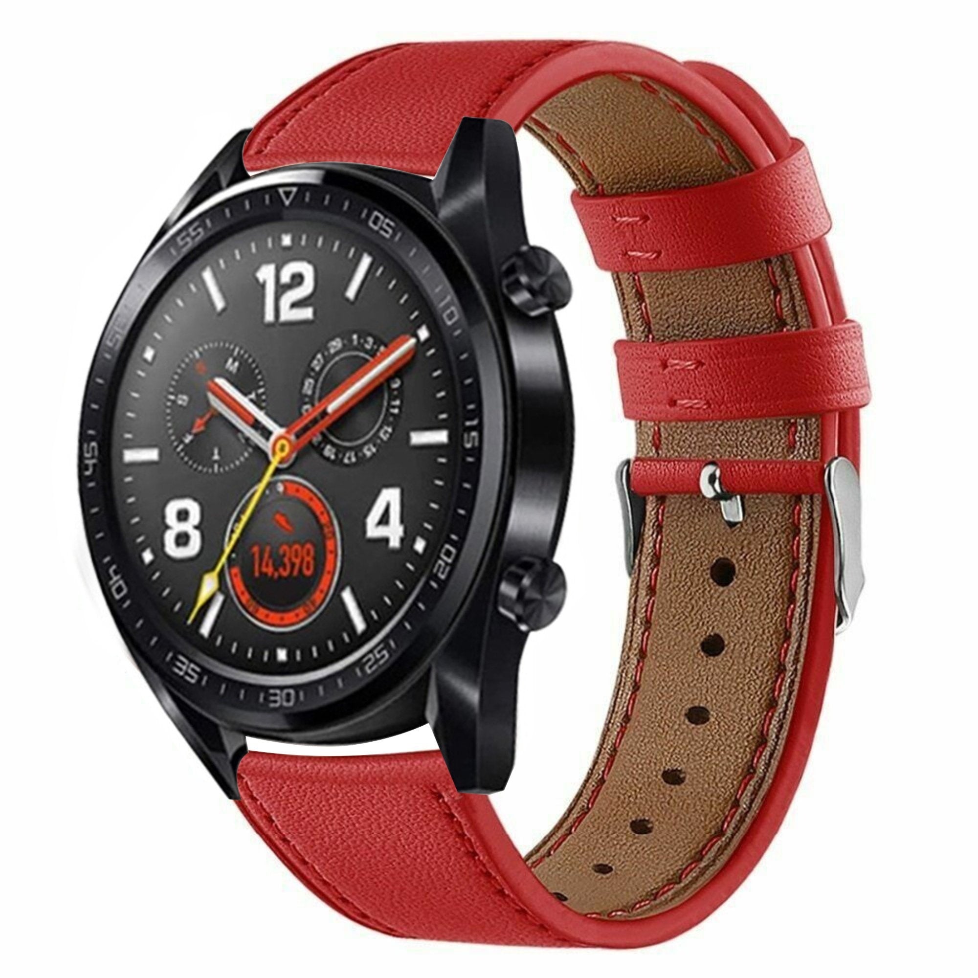 Modern Leather Strap, red, on a watch, 3/4 front view