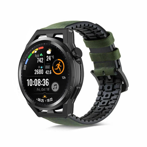 Leather / Silicone Strap, black/green, on a watch, 3/4 front view