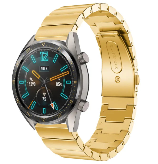 Premium Metal Strap, gold, on a watch, 3/4 front view