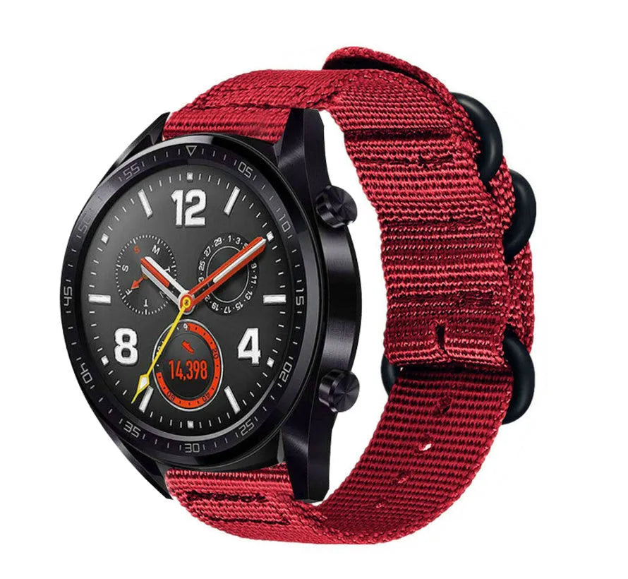 Nylon Buckle Strap, red, on a watch, 3/4 front view