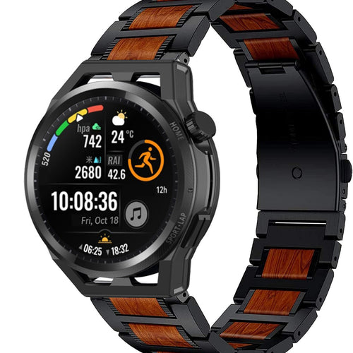 Wood Steel Strap, black, on a watch, 3/4 front view