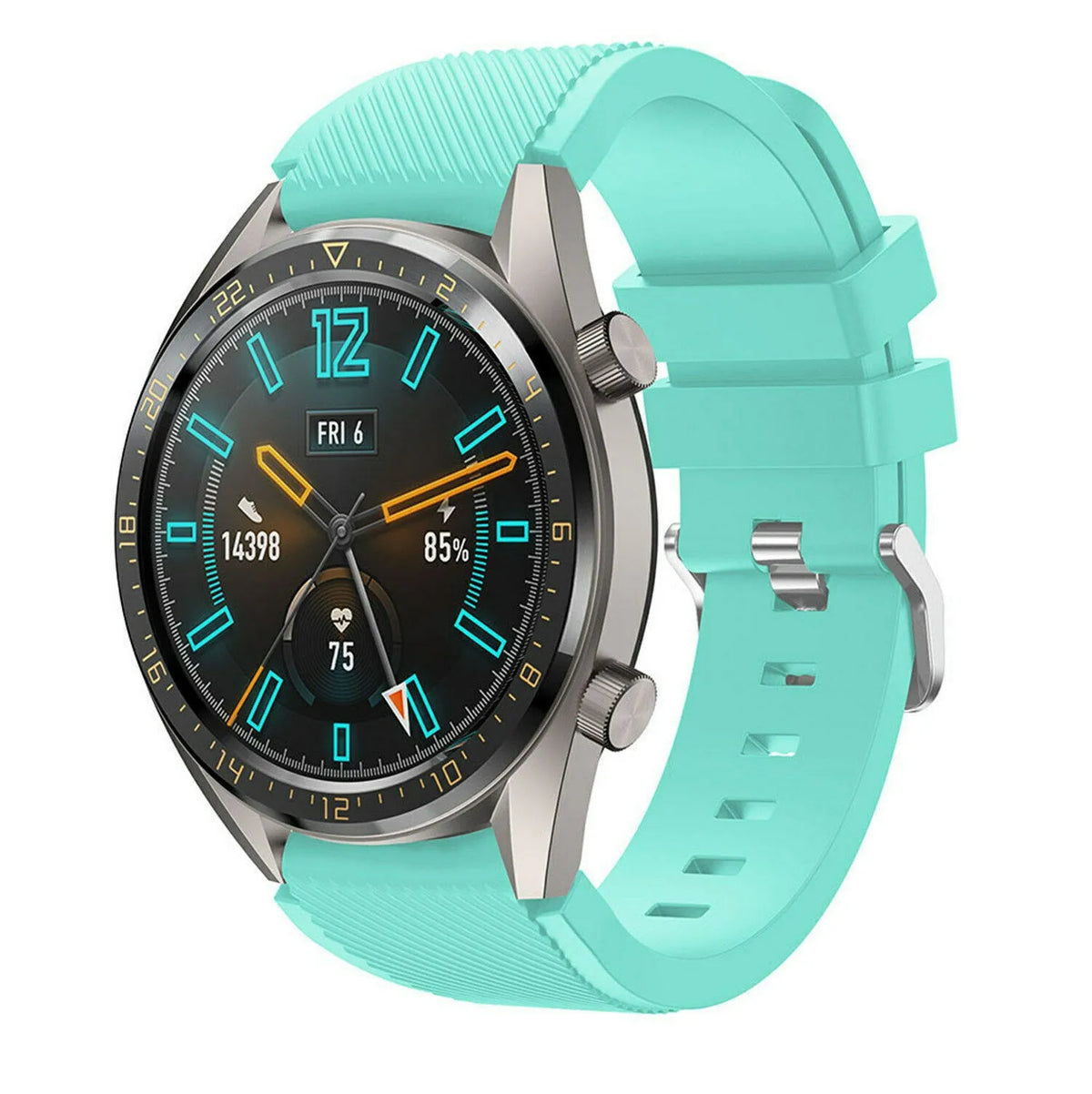 Twill Silicone Strap, aqua, on a watch, 3/4 front view