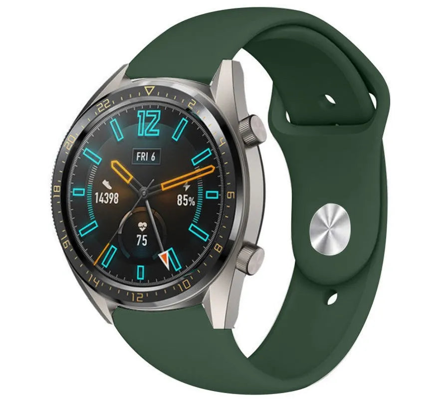 Silicone Sport Strap, army green, on a watch, 3/4 front view