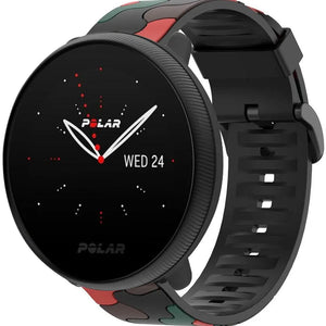 Silicone Camo Strap, red, on a watch, 3/4 front view