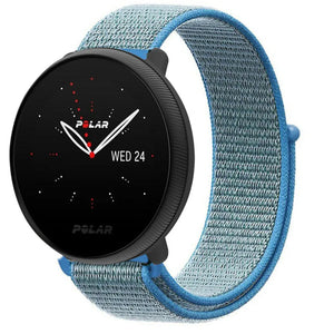Nylon Strap, blue, on a watch, 3/4 front view