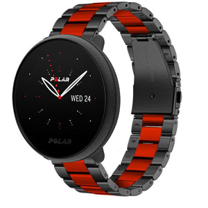 Steel Strap, black/red, on a watch, 3/4 front view