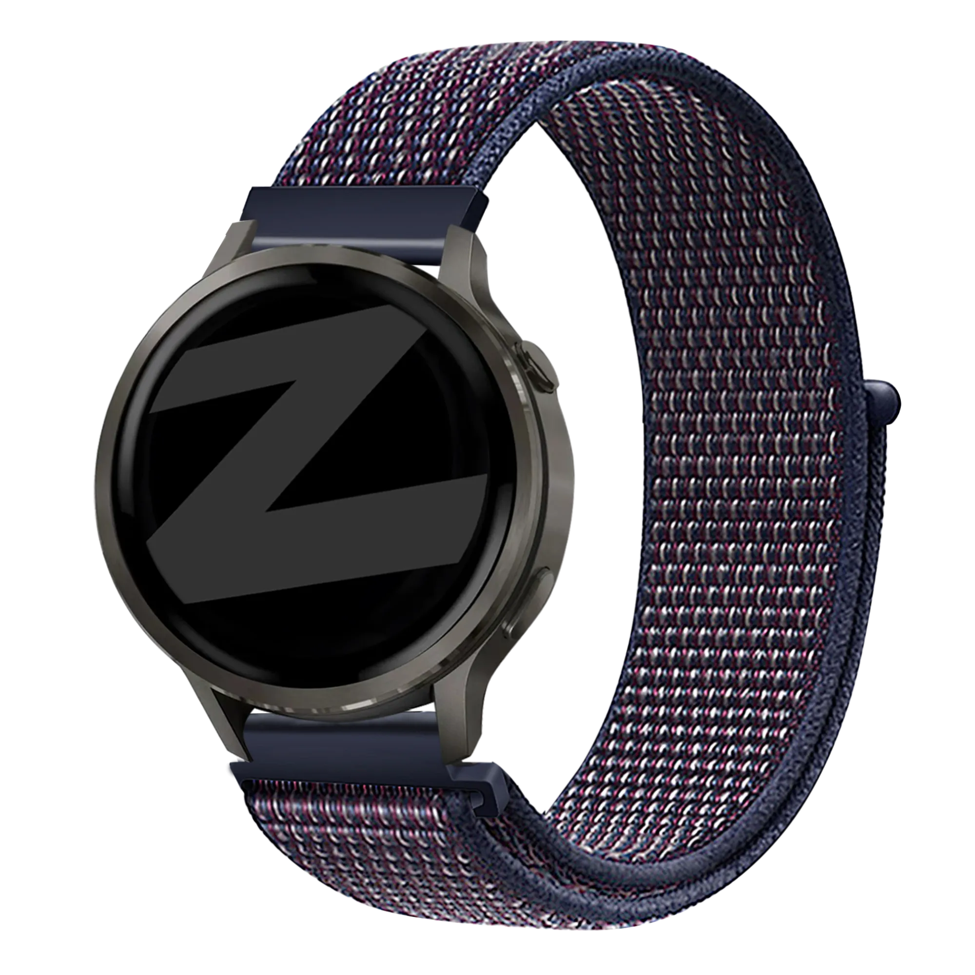 Nylon Loop Strap, indigo, on a watch, 3/4 front view