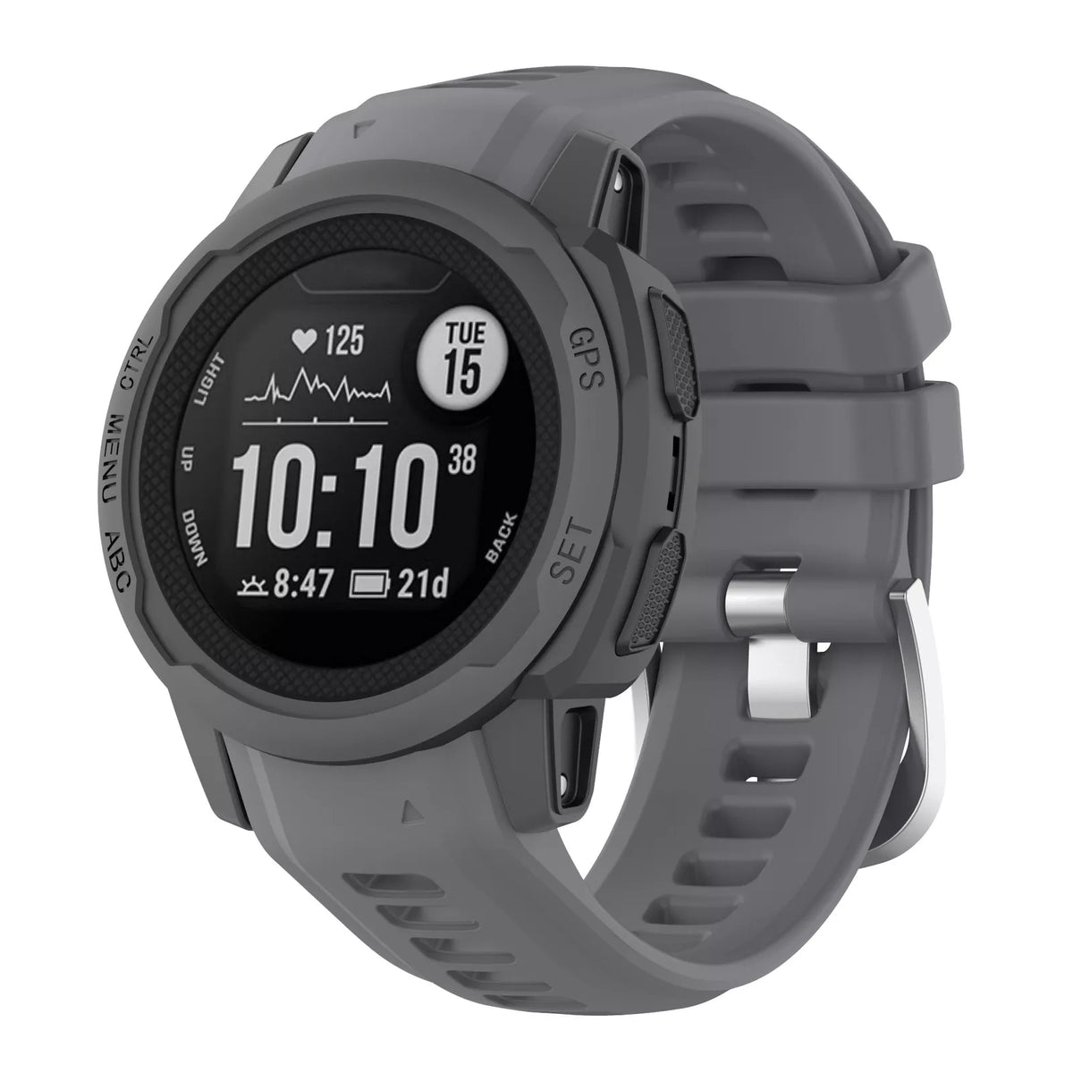 Silicone Strap, dark grey, on a watch, 3/4 front view