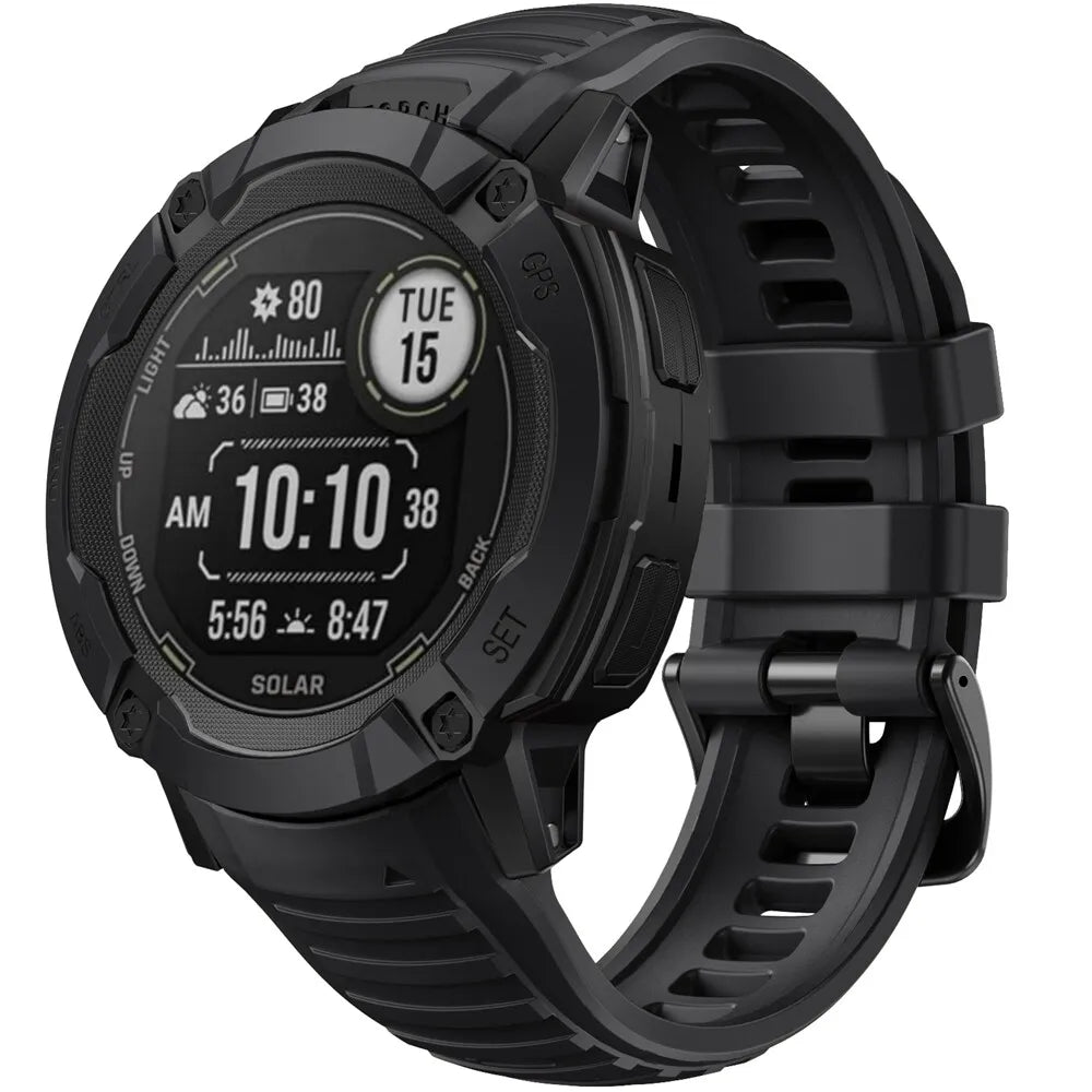 Silicone Strap, black, on a watch, 3/4 front view