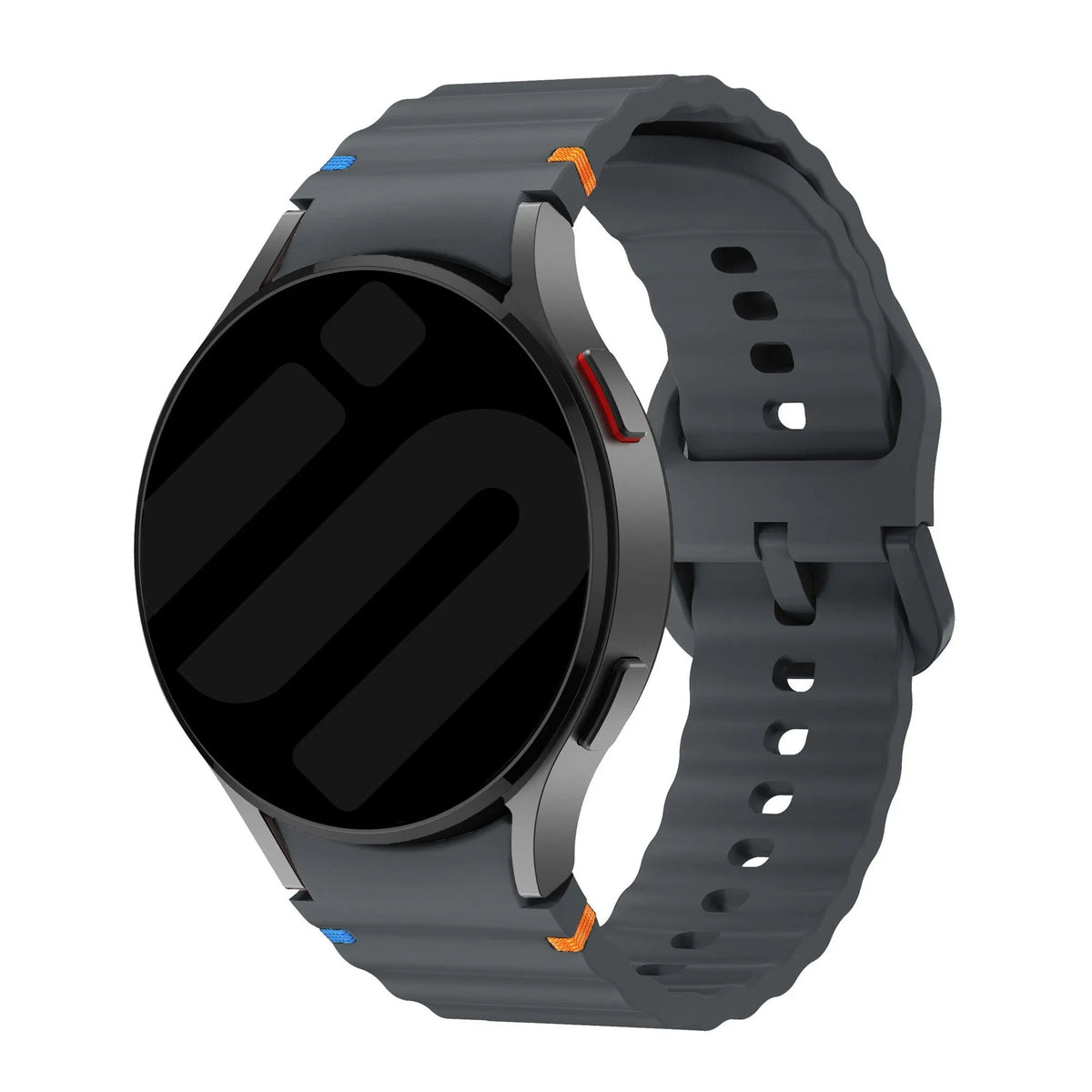 Wave Silicone Strap, graphite, on a watch, 3/4 front view