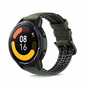 Leather Hybrid Strap, black/green, on a watch, 3/4 front view