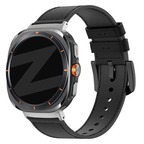 Leather Hybrid Strap with Buckle, black, on a watch, 3/4 front view