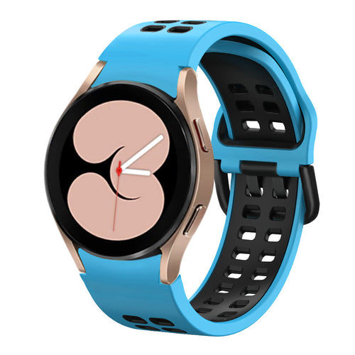 Silicone Squared Sport Strap, light blue/black, on a watch, 3/4 front view