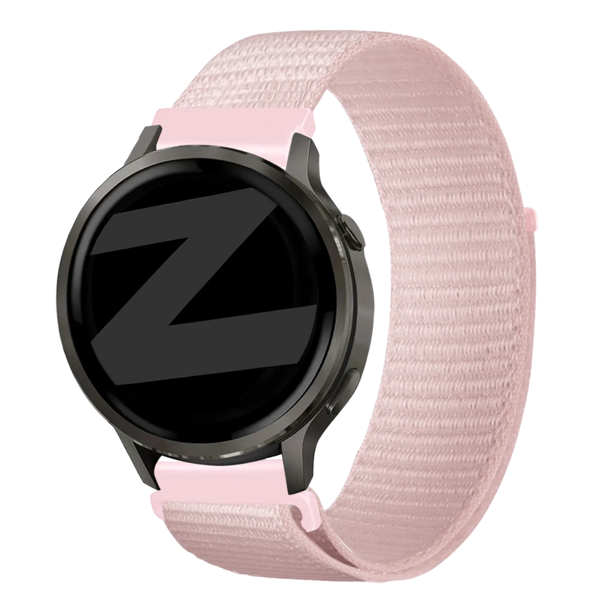 Nylon Loop Strap, light pink, on a watch, 3/4 front view