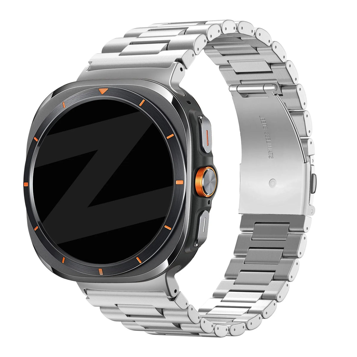 Steel Link Strap 'Deluxe', silver, on a watch, 3/4 front view