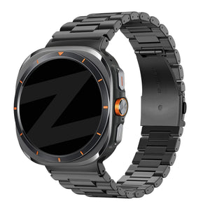 Steel Link Strap 'Deluxe', black, on a watch, 3/4 front view