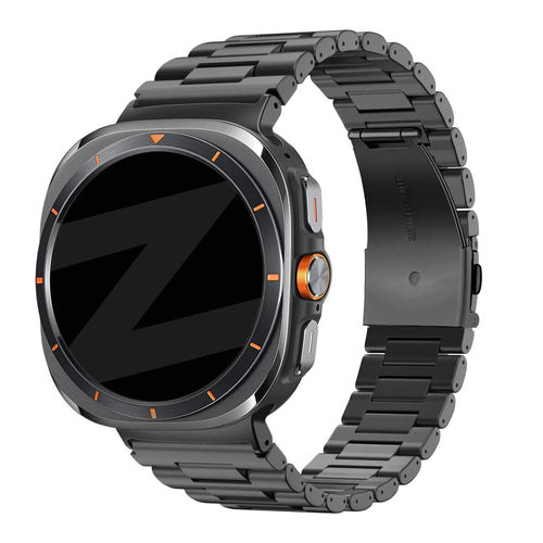 Steel Link Strap 'Deluxe', black, on a watch, 3/4 front view