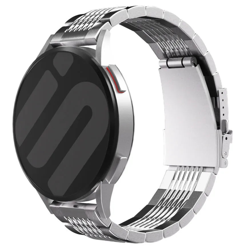 Luxury Steel Link Strap, silver, on a watch, 3/4 front view