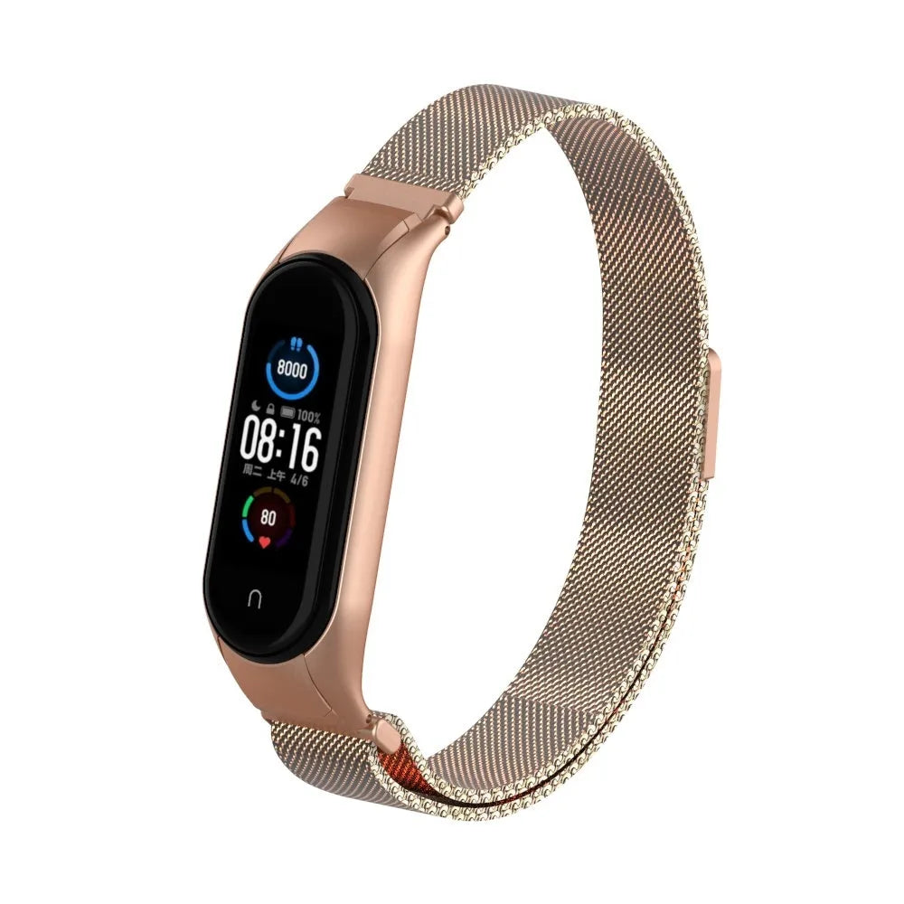 Milanese Strap, bronze, on a watch, 3/4 front view
