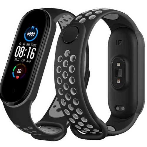 Silicone Sport Strap, black/grey, on a watch, 3/4 front view