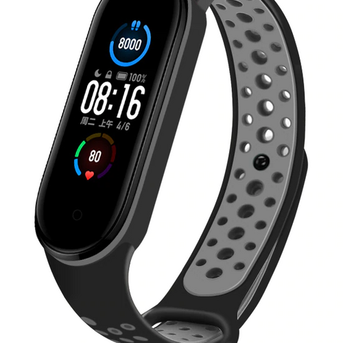 Silicone Sport Strap, black/grey, on a watch, 3/4 front view