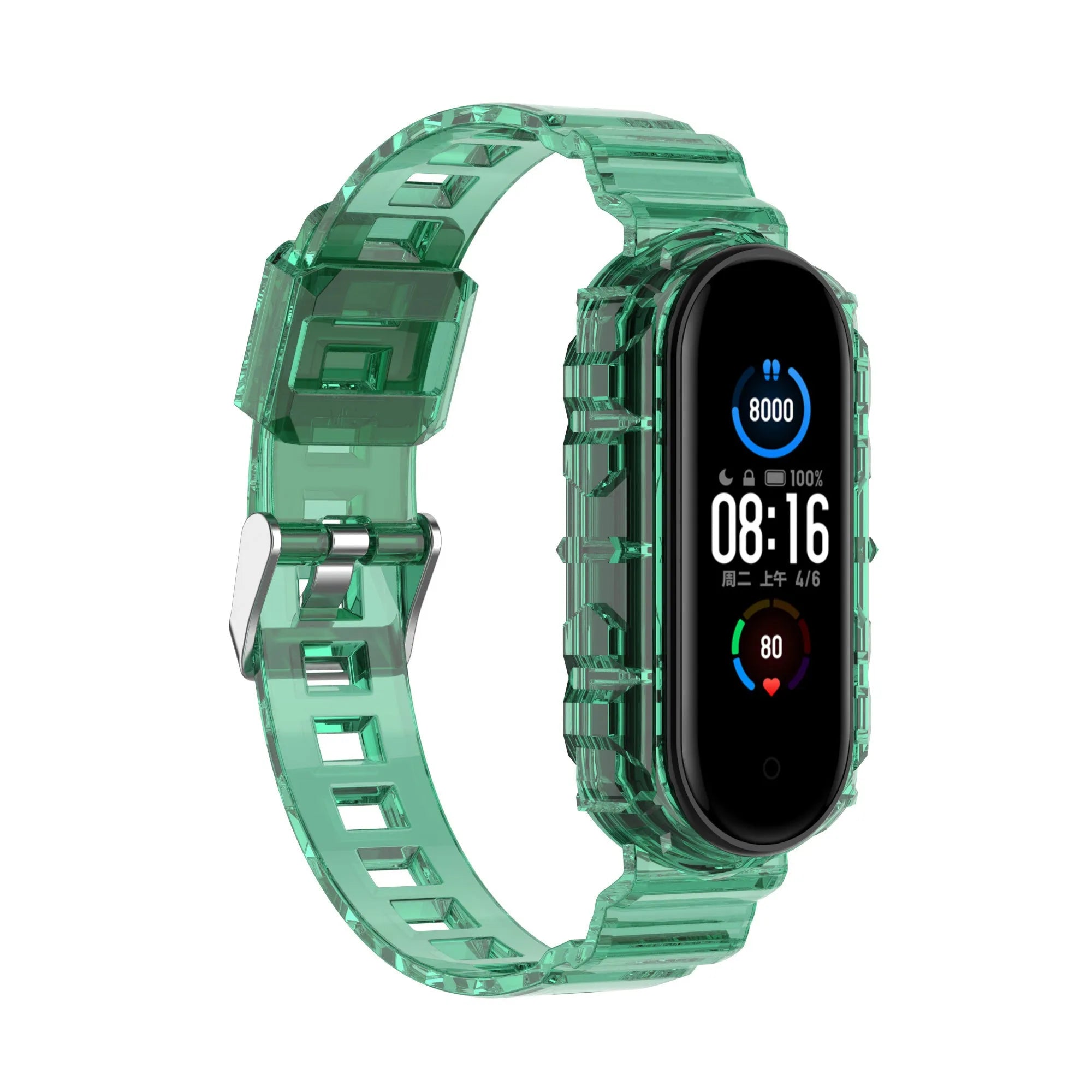 Silicone Clear TPU Strap, transparent green, on a watch, 3/4 front view