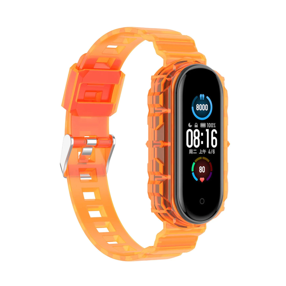 Silicone Clear TPU Strap, transparent orange, on a watch, 3/4 front view