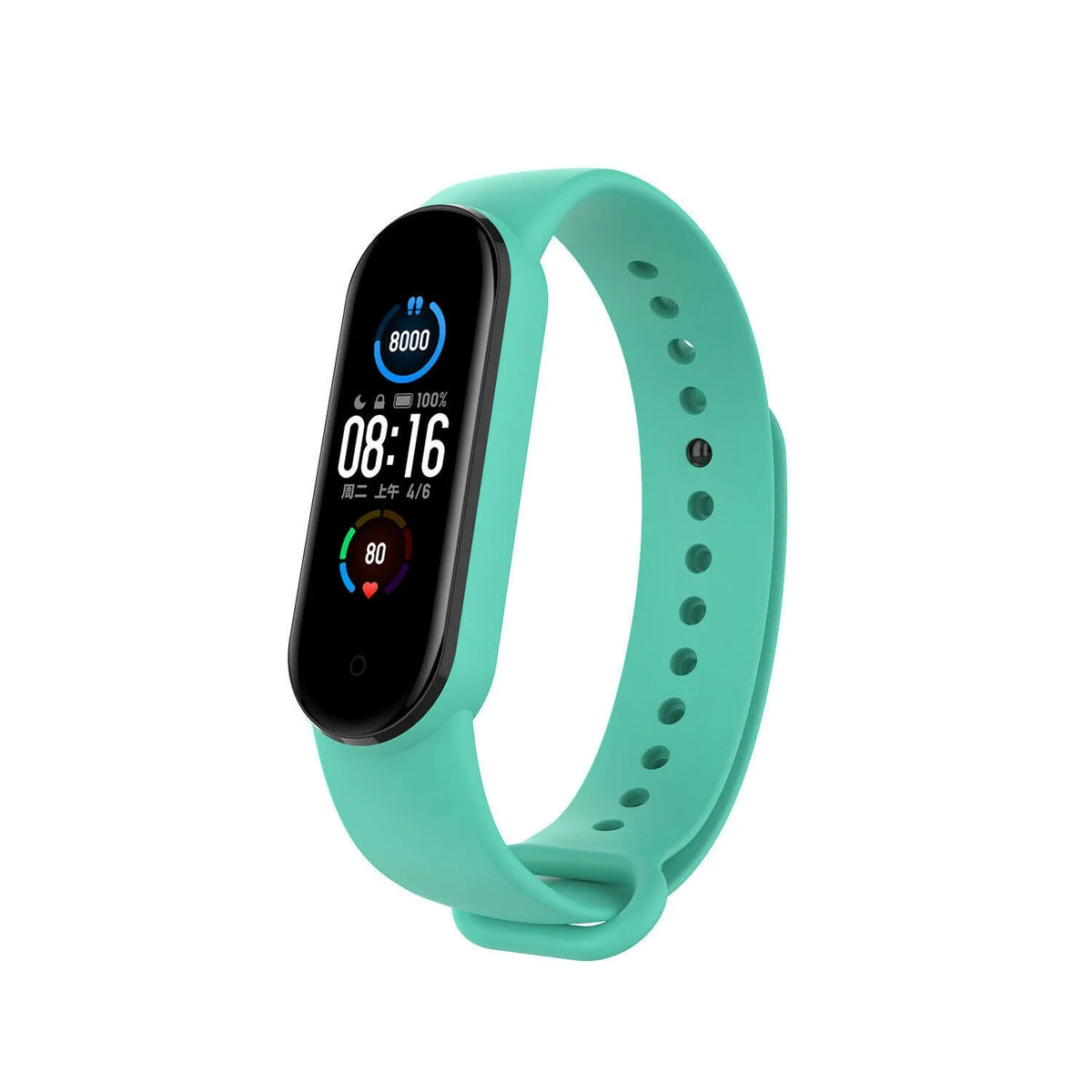 Silicone Strap, aqua, on a watch, 3/4 front view