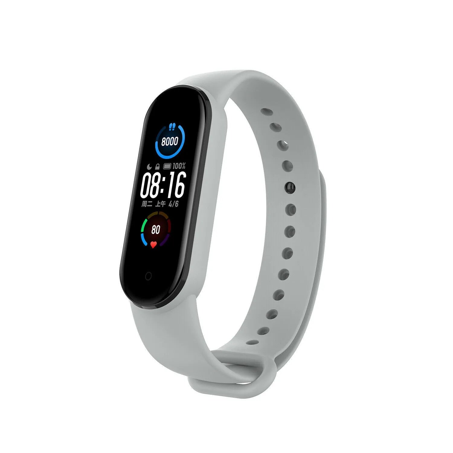 Silicone Strap, grey, on a watch, 3/4 front view
