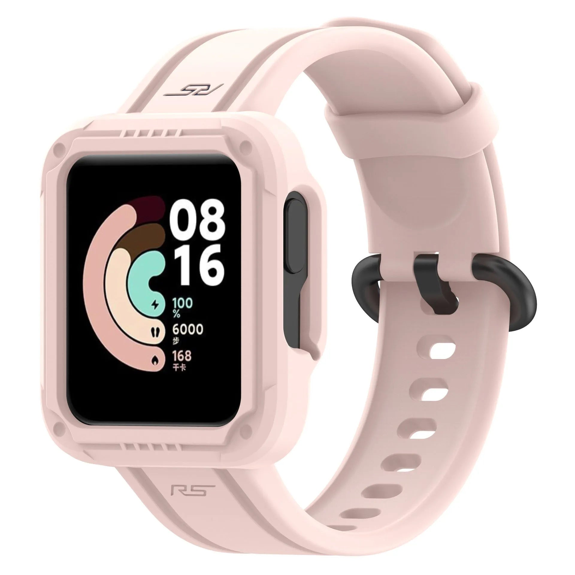 Silicone Strap with Frame, pink, on a watch, 3/4 front view