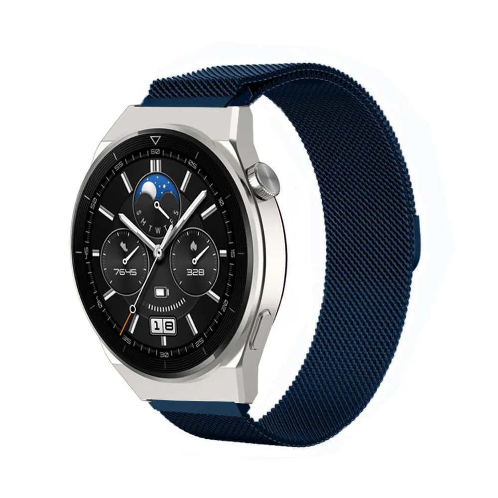 Milanese Strap, blue, on a watch, 3/4 front view