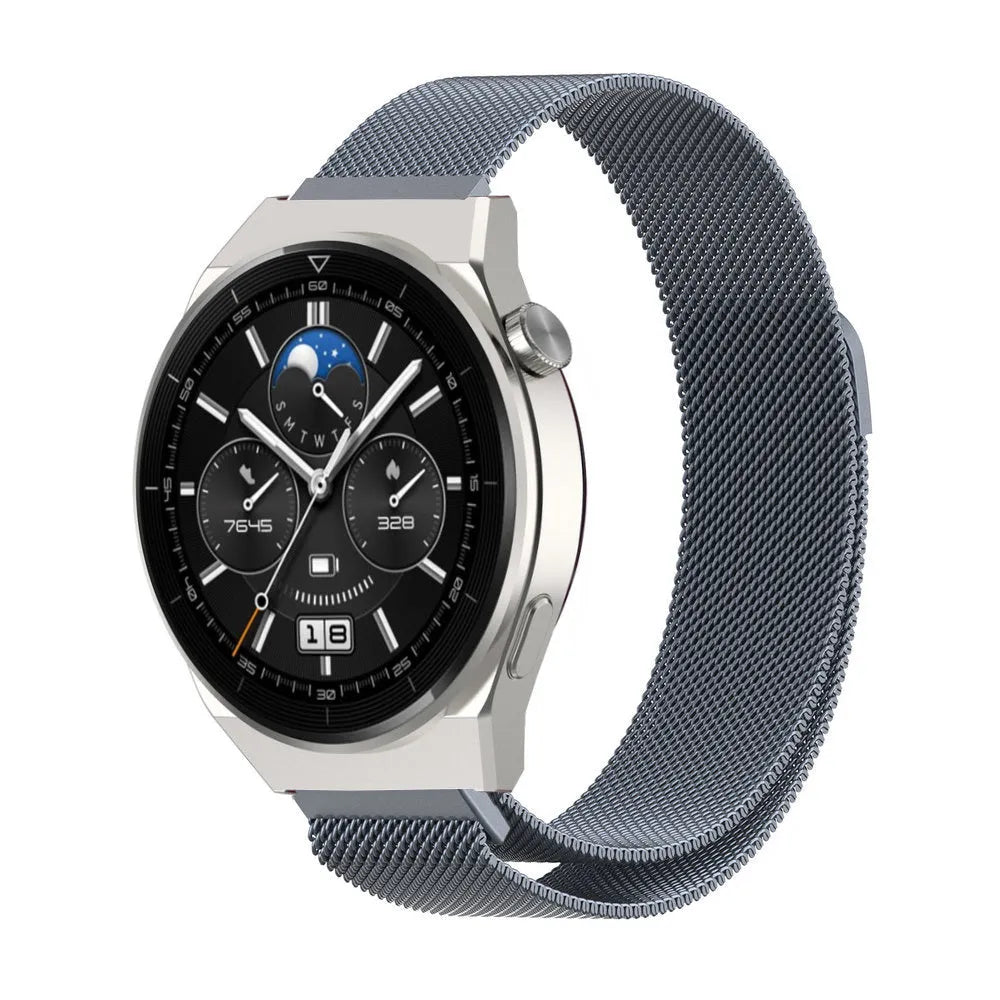 Milanese Strap, space grey, on a watch, 3/4 front view