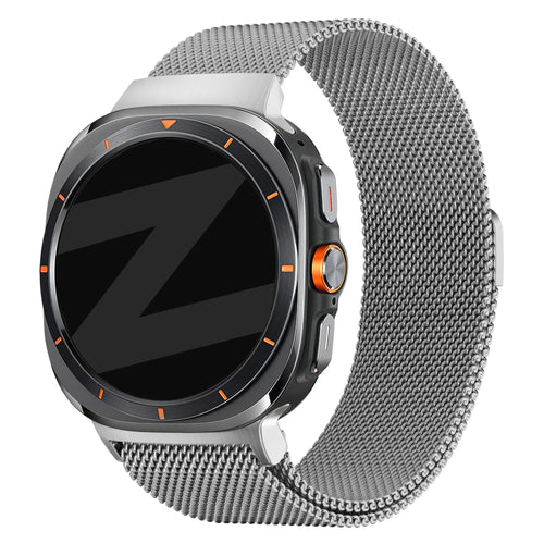 Milanese Loop Strap, silver, on a watch, 3/4 front view