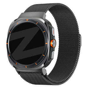 Milanese Loop Strap, black, on a watch, 3/4 front view