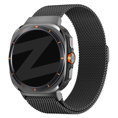 Milanese Loop Strap, black, on a watch, 3/4 front view