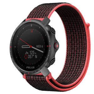 Nylon Strap, black/coral, on a watch, 3/4 front view